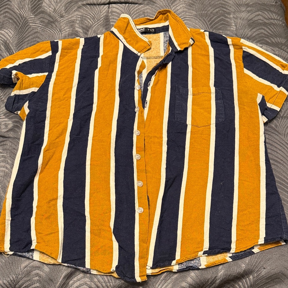 ROMWE Men's Casual Shirt with Orange and Blue Stripes